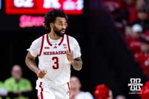 Nebraska Cornhuskers guard Brice Williams (3) runs down the court against the Rutgers Scarlet Knights in the second half during a college basketball game, Thursday, January 16, 2025, in Lincoln, Nebraska. Photo by John S. Peterson.