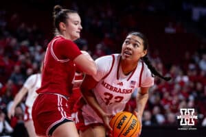 Nebraska Cornhuskers guard Amiah Hargrove (33) about to take a shot against Wisconsin Badgers guard Lily Krahn (4) during a college basketball game, Monday, January 20, 2025, in Lincoln, Nebraska. Photo by John S. Peterson.