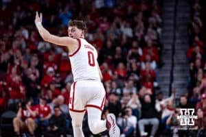 Nebraska Cornhuskers guard Connor Essegian (0) celebrates making a three point shot against the USC Trojans in the first half during a college basketball game, Wednesday, January 22, 2025, in Lincoln, Nebraska. Photo by John S. Peterson.