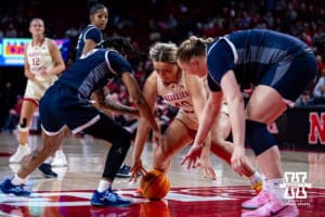 Nebraska Cornhuskers center Alexis Markowski (40) reaches for a loose ball against the Penn State Nittany Lions during women’s college basketball game, Sunday, January 5, 2025, in Lincoln, Nebraska. Photo by John S. Peterson.