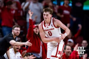 Nebraska Cornhuskers guard Connor Essegian (0) runs down the court after making a three-point shot against the Rutgers Scarlet Knights in the second half during a college basketball game, Thursday, January 16, 2025, in Lincoln, Nebraska. Photo by John S. Peterson.