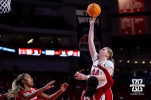 Nebraska Cornhuskers forward Petra Bozan (44) make a jump shot against the Wisconsin Badgers during a college basketball game, Monday, January 20, 2025, in Lincoln, Nebraska. Photo by John S. Peterson.