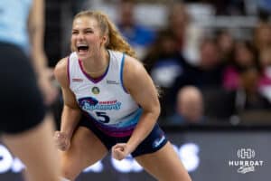 Omaha Supernovas outside hitter Brooke Nuneviller (5) reacts to a point for the Supernovas against the Atlanta Vibe during a professional volleyball match, Friday, January 10, 2025, in Omaha, Nebraska. Photo by John S. Peterson.