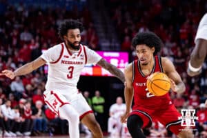 Nebraska Cornhuskers guard Brice Williams (3) guards Rutgers Scarlet Knights guard Dylan Harper (2) as he drives to the basket in the second half during a college basketball game, Thursday, January 16, 2025, in Lincoln, Nebraska. Photo by John S. Peterson.