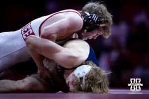 Nebraska's Cacob Van Dee has control against Penn State's Braeden Davis at 133lbs during a college wrestling match, Friday, January 17, 2025, in Lincoln, Nebraska. Photo by John S. Peterson