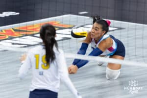 Omaha Supernovas Camila Gomez (10) digs the ball against the San Diego Mojo during a professional volleyball match, Sunday, January 19, 2025, in Omaha, Nebraska. Photo by John S. Peterson.