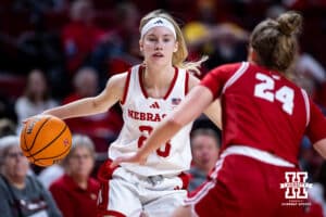 Nebraska Cornhuskers guard Britt Prince (23) dribbles the ball against Wisconsin Badgers guard Natalie Leuzinger (24) during a college basketball game, Monday, January 20, 2025, in Lincoln, Nebraska. Photo by John S. Peterson.