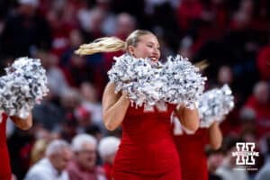 Nebraska Cornhuskers Scarlets dance team performs at a break in the action against the USC Trojans during a college basketball game, Wednesday, January 22, 2025, in Lincoln, Nebraska. Photo by John S. Peterson.