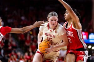 Nebraska Cornhuskers guard Kendall Moriarty (15) drives to the basket against Ohio State Buckeyes forward Taylor Thierry (2) in the fourth quarter during a college basketball game, Sunday, January 26, 2025, in Lincoln, Nebraska. Photo by John S. Peterson.