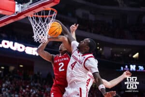 Nebraska Cornhuskers forward Juwan Gary (4) blocks a layup against Rutgers Scarlet Knights guard Dylan Harper (2) in the second half during a college basketball game, Thursday, January 16, 2025, in Lincoln, Nebraska. Photo by John S. Peterson.