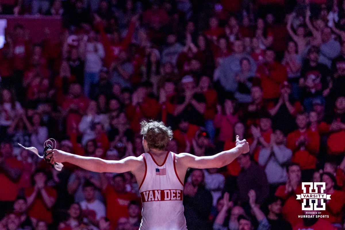 Nebraska's Cacob Van Dee celebrates the win against Penn State's Braeden Davis at 133lbs during a college wrestling match, Friday, January 17, 2025, in Lincoln, Nebraska. Photo by John S. Peterson