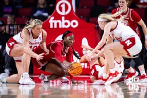 Nebraska Cornhuskers center Alexis Markowski (40) and guard Britt Prince (23) go after a loose ball against the Wisconsin Badgers during a college basketball game, Monday, January 20, 2025, in Lincoln, Nebraska. Photo by John S. Peterson.