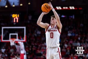 Nebraska Cornhuskers guard Connor Essegian (0) makes a three-point shot against the USC Trojans in the first half during a college basketball game, Wednesday, January 22, 2025, in Lincoln, Nebraska. Photo by John S. Peterson.