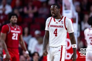 Nebraska Cornhuskers forward Juwan Gary (4) walks down the court against the Rutgers Scarlet Knights in the second half during a college basketball game, Thursday, January 16, 2025, in Lincoln, Nebraska. Photo by John S. Peterson.