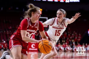 Nebraska Cornhuskers guard Kendall Moriarty (15) guards against Wisconsin Badgers guard Natalie Leuzinger (24) during a college basketball game, Monday, January 20, 2025, in Lincoln, Nebraska. Photo by John S. Peterson.