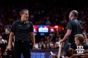 USC Trojans head coach Eric Musselman reacts to Nebraska Cornhuskers guard Connor Essegian (0) three-point shot in the first half during a college basketball game, Wednesday, January 22, 2025, in Lincoln, Nebraska. Photo by John S. Peterson.