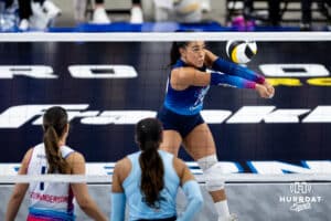 Omaha Supernovas libero Camila Gomez (10) digs the ball against the Atlanta Vibe in the second set during a professional volleyball match, Friday, January 10, 2025, in Omaha, Nebraska. Photo by John S. Peterson.