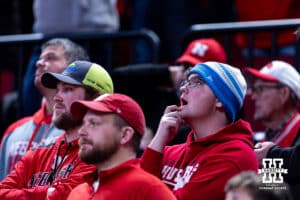 Nebraska Cornhuskers fans reacting to the action on the court at the end of the game against the Rutgers Scarlet Knights during a college basketball game, Thursday, January 16, 2025, in Lincoln, Nebraska. Photo by John S. Peterson.