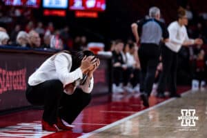 Nebraska Cornhuskers head coach Amy Williams reacts to the non-calls from the referees during a college basketball game against the Wisconsin Badgers, Monday, January 20, 2025, in Lincoln, Nebraska. Photo by John S. Peterson.