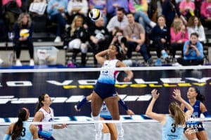 Omaha Supernovas middle blocker Kaitlyn Hord (23) spikes the ball against the Atlanta Vibe in the second set during a professional volleyball match, Friday, January 10, 2025, in Omaha, Nebraska. Photo by John S. Peterson.