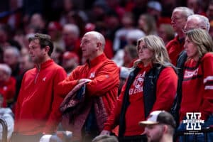 Nebraska Cornhuskers fans reacting to the action on the court at the end of the game against the Rutgers Scarlet Knights during a college basketball game, Thursday, January 16, 2025, in Lincoln, Nebraska. Photo by John S. Peterson.