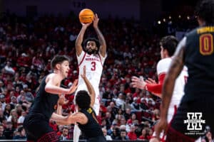 Nebraska Cornhuskers guard Brice Williams (3) makes a three-point shot against USC Trojans guard Desmond Claude (1) in the first half during a college basketball game, Wednesday, January 22, 2025, in Lincoln, Nebraska. Photo by John S. Peterson.