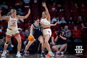 Nebraska Cornhuskers center Alexis Markowski (40) guards the basket against Penn State Nittany Lions forward Cam Rust (1) during women’s college basketball game, Sunday, January 5, 2025, in Lincoln, Nebraska. Photo by John S. Peterson.