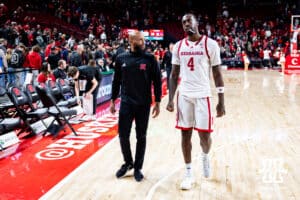 Nebraska Cornhuskers forward Juwan Gary (4) walks with strength coach Kurt Joseph back to the locker room during a college basketball game, Thursday, January 16, 2025, in Lincoln, Nebraska. Photo by John S. Peterson.