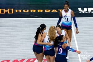 Omaha Supernovas setter Natalia Valentin-Anderson (1) celebrates a point with teammates against the Atlanta Vibe in the second set during a professional volleyball match, Friday, January 10, 2025, in Omaha, Nebraska. Photo by John S. Peterson.