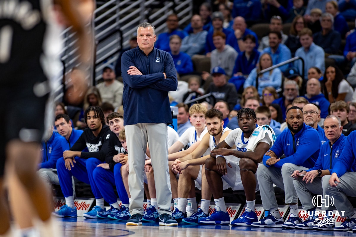 Creighton Bluejays head coach Greg McDermott watching the action on the court against the Providence Friars in the first half during a college basketball game, Tuesday, January 14, 2025, in Omaha, Nebraska. Photo by John S. Peterson.