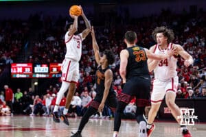 Nebraska Cornhuskers guard Brice Williams (3) makes a three-point shot against USC Trojans guard Wesley Yates III (6) in the second half during a college basketball game, Wednesday, January 22, 2025, in Lincoln, Nebraska. Photo by John S. Peterson.