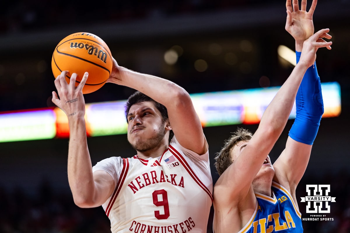 Nebraska Cornhuskers forward Berke Buyuktuncel (9) grabs the rebound against the UCLA Bruins in the second half during college basketball game, Saturday, January 4, 2024, in Lincoln, Nebraska. Photo by John S. Peterson.