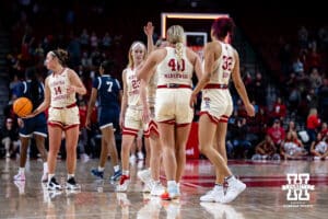 Nebraska Cornhuskers guard Britt Prince (23) looking for a high five after the win over the Penn State Nittany Lions during women’s college basketball game, Sunday, January 5, 2025, in Lincoln, Nebraska. Photo by John S. Peterson.