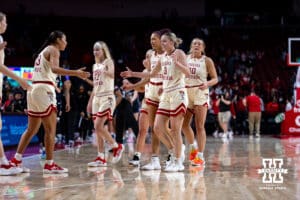 Nebraska Cornhuskers celebrates the win over the Penn State Nittany Lions during women’s college basketball game, Sunday, January 5, 2025, in Lincoln, Nebraska. Photo by John S. Peterson.