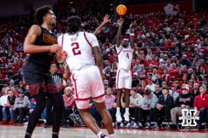 Nebraska Cornhuskers forward Juwan Gary (4) makes three-point shot against the USC Trojans in the second half during a college basketball game, Wednesday, January 22, 2025, in Lincoln, Nebraska. Photo by John S. Peterson.