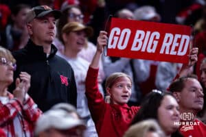 Nebraska Cornhuskers fnas holding up a sign during a college basketball game against the Ohio State Buckeyes, Sunday, January 26, 2025, in Lincoln, Nebraska. Photo by John S. Peterson.