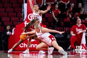 Nebraska Cornhuskers center Alexis Markowski (40) reaches for the ball against Wisconsin Badgers center Carter McCray (1) during a college basketball game, Monday, January 20, 2025, in Lincoln, Nebraska. Photo by John S. Peterson.