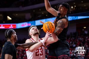 Nebraska Cornhuskers forward Andrew Morgan (23) tries for a layup against the USC Trojans in the second half during a college basketball game, Wednesday, January 22, 2025, in Lincoln, Nebraska. Photo by John S. Peterson.