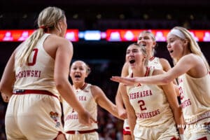 Nebraska Cornhuskers celebrates a basketball by Alexis Markowski against the Ohio State Buckeyes in the fourth quarter during a college basketball game, Sunday, January 26, 2025, in Lincoln, Nebraska. Photo by John S. Peterson.