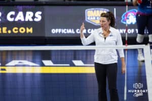 Omaha Supernovas head coach Laura "Bird" Kuhn giving direction for the team against San Diego Mojo during a professional volleyball match, Sunday, January 19, 2025, in Omaha, Nebraska. Photo by John S. Peterson.