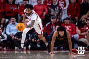 Nebraska Cornhuskers guard Brice Williams (3) comes away with the ball against USC Trojans guard Desmond Claude (1) in the second half during a college basketball game, Wednesday, January 22, 2025, in Lincoln, Nebraska. Photo by John S. Peterson.