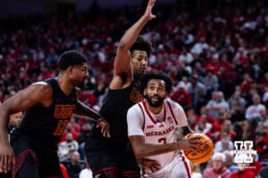 Nebraska Cornhuskers guard Brice Williams (3) drives to the basket against USC Trojans in the second half during a college basketball game, Wednesday, January 22, 2025, in Lincoln, Nebraska. Photo by John S. Peterson.