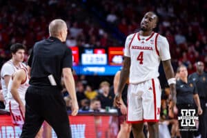 Nebraska Cornhuskers forward Juwan Gary (4) listens to assistant coach Nate Loenser in the second half against the USC Trojans during a college basketball game, Wednesday, January 22, 2025, in Lincoln, Nebraska. Photo by John S. Peterson.