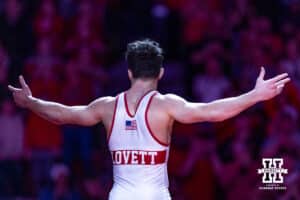 Nebraska's Ridge Lovett celebrates the win over Penn State's Shayne Van Ness at 149lbs during a college wrestling match, Friday, January 17, 2025, in Lincoln, Nebraska. Photo by John S. Peterson.