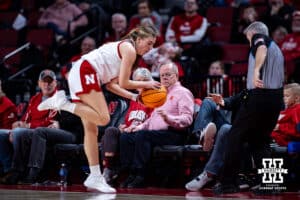 Nebraska Cornhuskers guard Logan Nissley (2) steps out going after the ball against the Wisconsin Badgers during a college basketball game, Monday, January 20, 2025, in Lincoln, Nebraska. Photo by John S. Peterson.