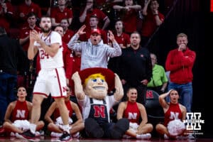 Nebraska Cornhuskers fan and Herbie reacts to a call from the referee during a college basketball game against the USC Trojans, Wednesday, January 22, 2025, in Lincoln, Nebraska. Photo by John S. Peterson.