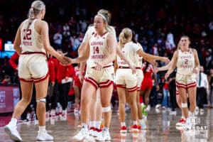 Nebraska Cornhuskers give each other fives after the loss to Ohio State Buckeyes during a college basketball game, Sunday, January 26, 2025, in Lincoln, Nebraska. Photo by John S. Peterson.