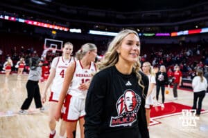 Nebraska Cornhuskers forward Natalie Potts (22) heads to the locker room after the win over the Wisconsin Badgers during a college basketball game, Monday, January 20, 2025, in Lincoln, Nebraska. Photo by John S. Peterson.