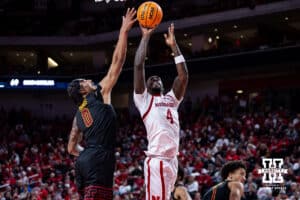 Nebraska Cornhuskers forward Juwan Gary (4) makes a layup against USC Trojans forward Saint Thomas (0) in the second half during a college basketball game, Wednesday, January 22, 2025, in Lincoln, Nebraska. Photo by John S. Peterson.