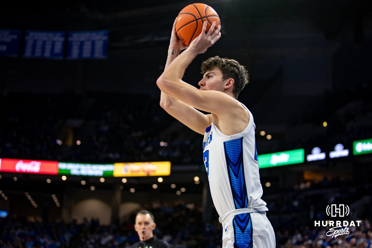 Creighton Bluejays forward Mason Miller (13) makes a three-point shot against the Providence Friars in the second half during a college basketball game, Tuesday, January 14, 2025, in Omaha, Nebraska. Photo by John S. Peterson.